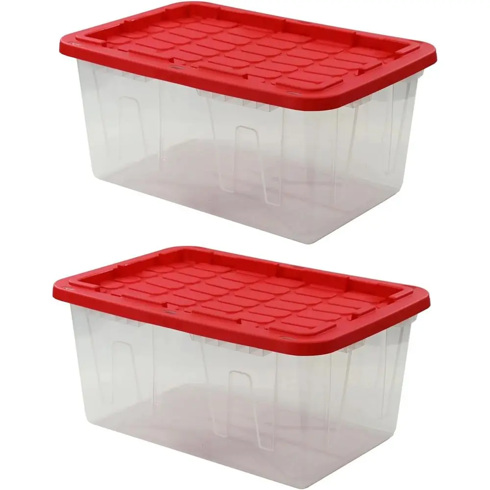 

Набор из 2 прозрачных пластиковых контейнеров для хранения объемом 27 галлонов с красными крышками, которые можно штабелировать, для домашнего и промышленного использования