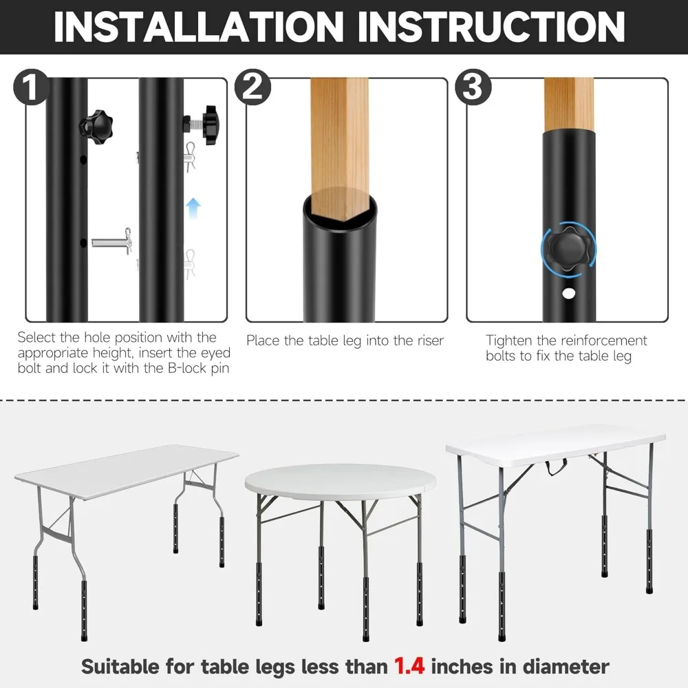 موسعات أرجل الطاولة القابلة للطي بأربعة مستويات قابلة للتعديل، معدن شديد التحمل، 8 عبوات، رفع الارتفاع للاستقرار والمتعدد الاستخدامات #6