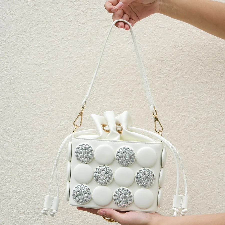 three-dimensional round decoration splicing rhinestone thin shoulder strap portable exquisite light luxury banquet bag