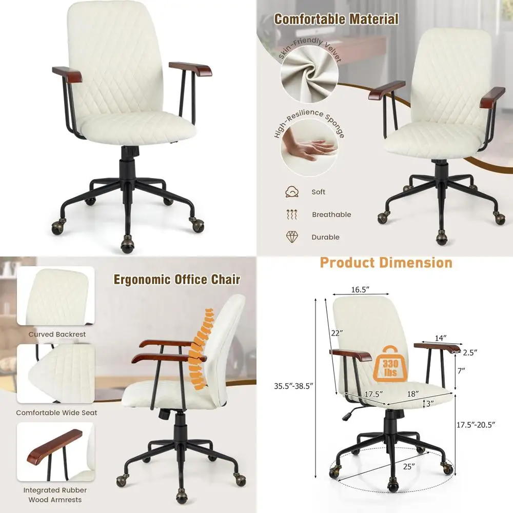 

Upholstered Vintage Mid-Back Office Chair with Rubber Wood Armrests and 5-Claw Metal Base