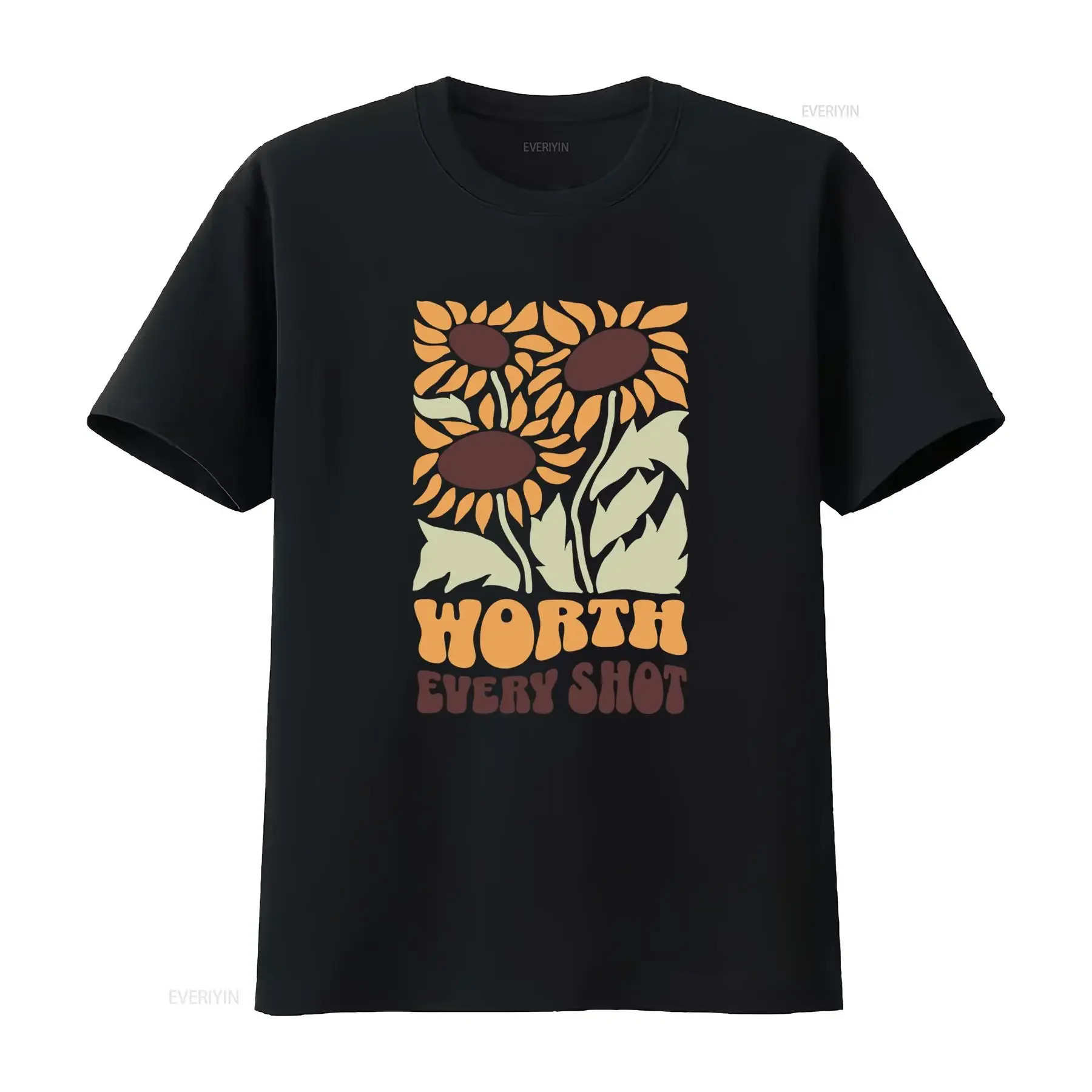 Vintage Retro Boho Sunflower Worth Every Shot Positive Quote Print Casual T Shirt vintage Washed fashion Slightly Comfortable