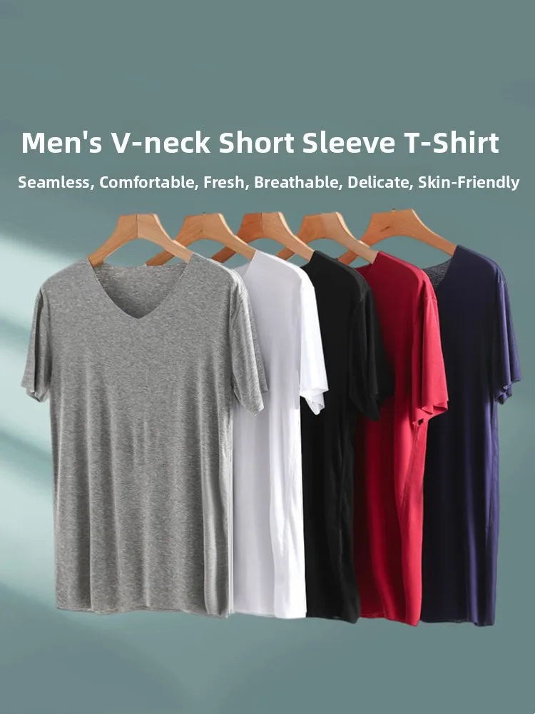 

Men's Summer Ice Silk Modal Short Sleeve V-Neck T-Shirt Large Size Seamless Inner Wear Versatile Outerwear Thin Top