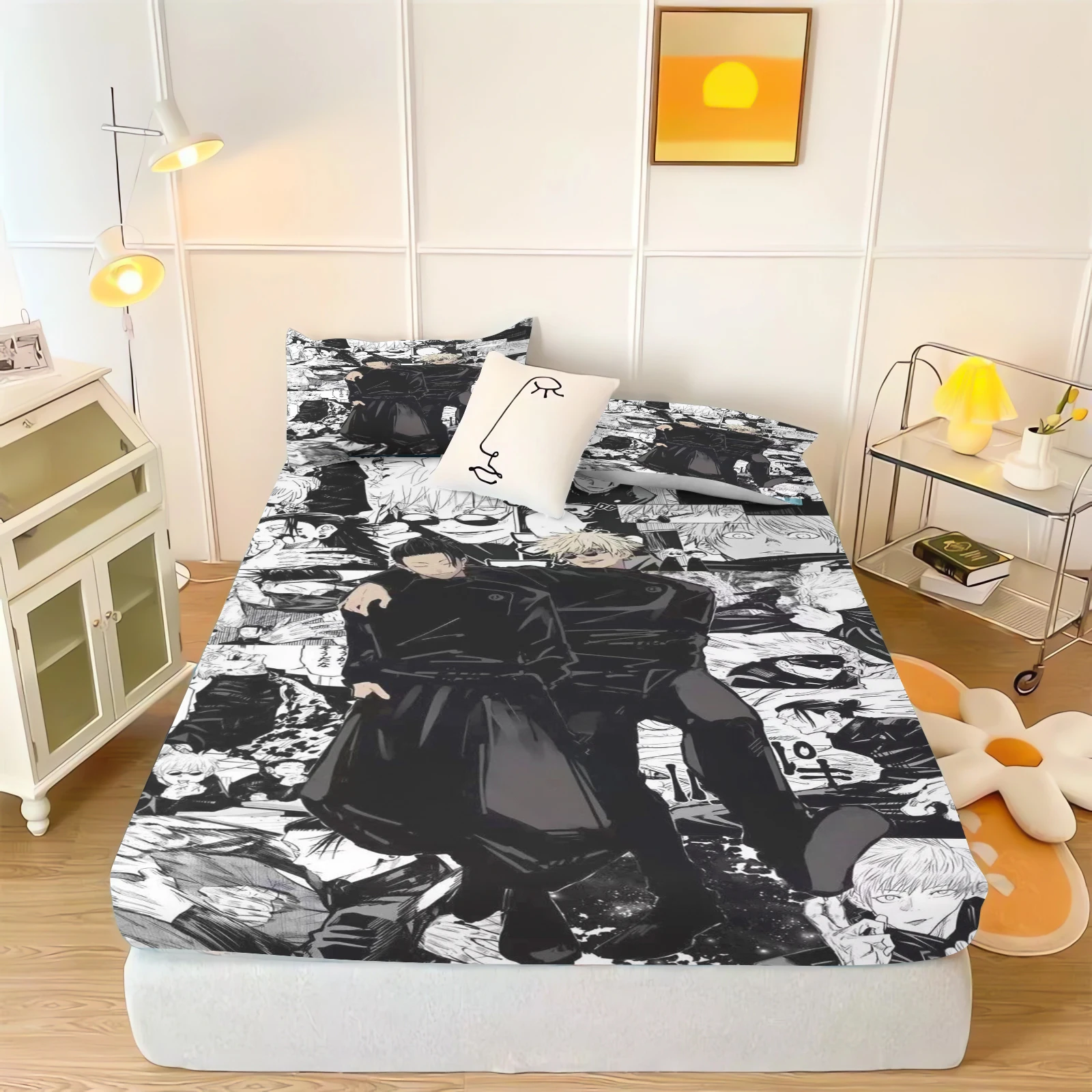Anime Spannbettlaken Gojo Satoru Kinder Cartoon hautfreundliche elastische digitale Blätter weich atmungsaktiv niedlicher Druck