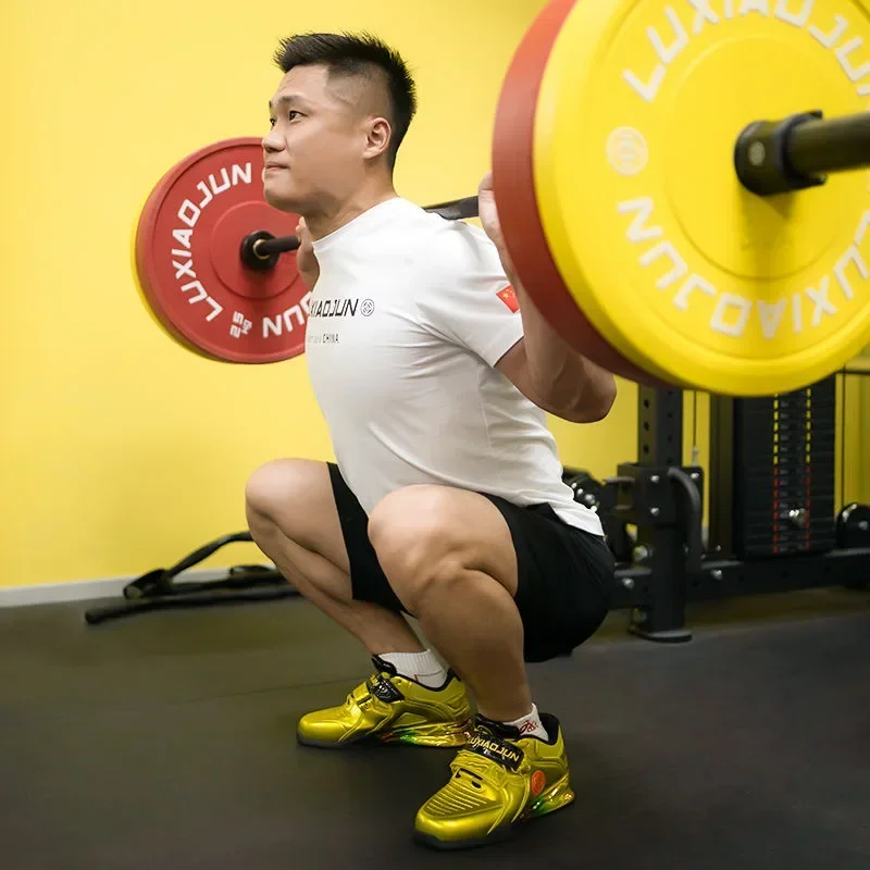 Hot Sale Squat Hard Pull Shoes for Couples Gold Leather Weight Lifting Training Plus Size 47 48 Sneakers Mens Brand Gym Shoe