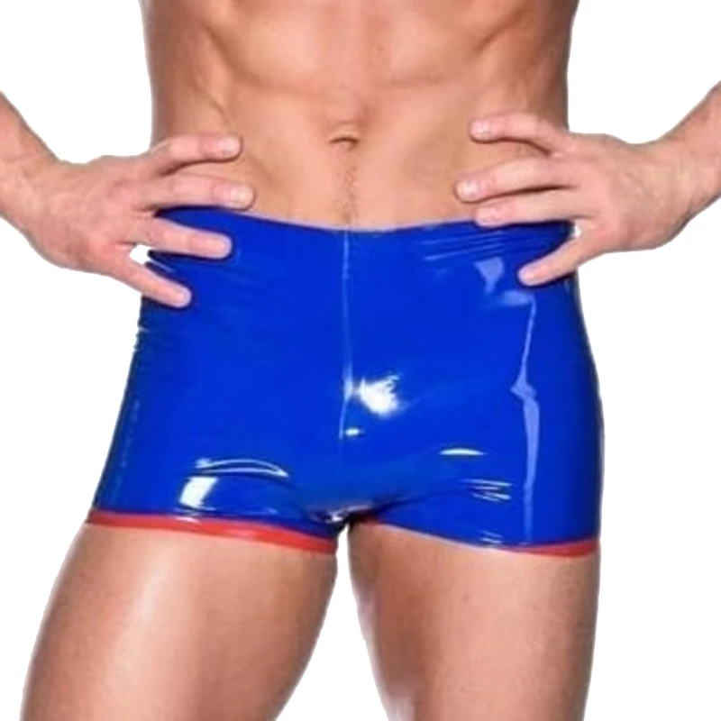 

Men Glossy Panties Latex Blue and Red Trims Rubber Boxer Shorts Underwear Handmade Underpants S-LPM094