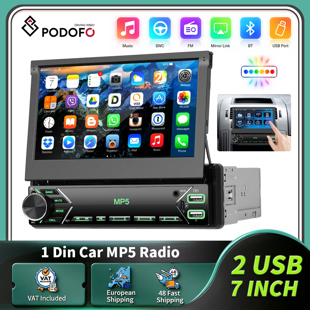 Podofo 1DIN 7" Autoradio HD Manuell Einziehbarer Touchscreen Universeller Auto-MP5-Player 1Din FM Fahrzeugmontiertes Intelligentes System mit Rückfahrkamera-Unterstützung