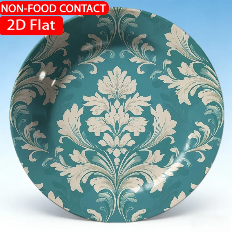 1pc Elegant Ceramic Decorative Plate Damask Floral Teal Theme Design Non-Food Contact, Home Desk Ornaments, Living Room And