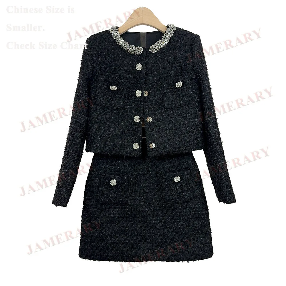 秋ツイードドレスツーピースセット女性ダイヤモンドジャケットダブルブレストコートミニショートスカート冬服エレガントブランドスーツ