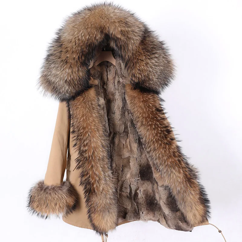 Maomaokong 2023 Parkas largas con cuello de piel de zorro grande de mapache Natural auténtico para mujer, chaqueta interior con forro de conejo para invierno, abrigo de piel, prendas de vestir exteriores