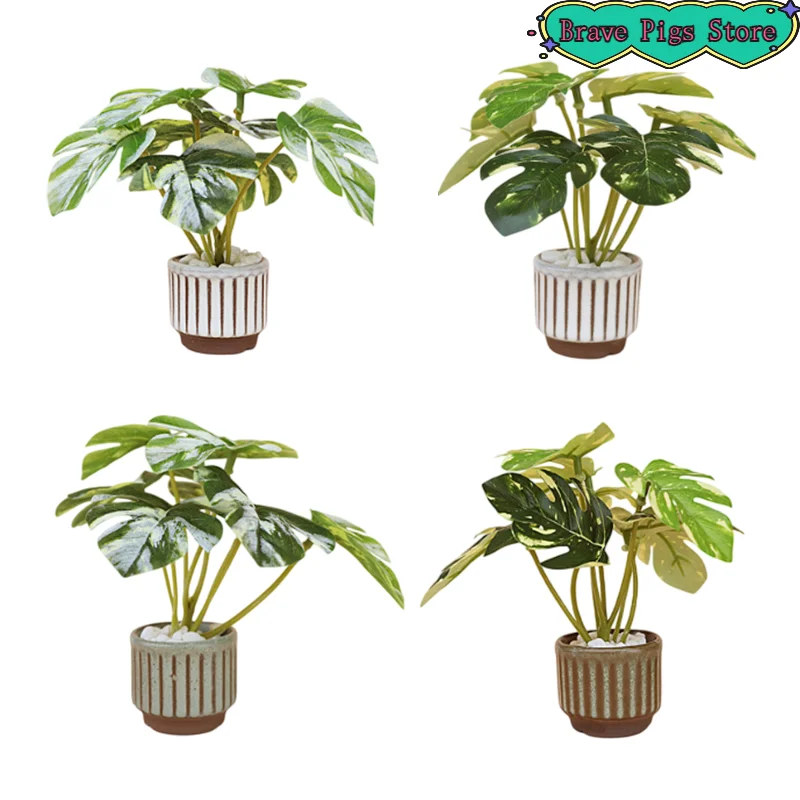 Mini Simulation Monstera Potted Model Green Plant Decoration House Living Decor Accessories