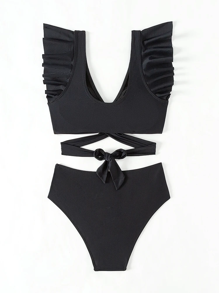 Bikini 2025, Damen-Bodysuit mit Kreuz, V-Ausschnitt, Rüschen, Badeanzug, Bikini-Set, sexy Tanga, weiblich, Sommer, Strand, Biquini, zweiteilig