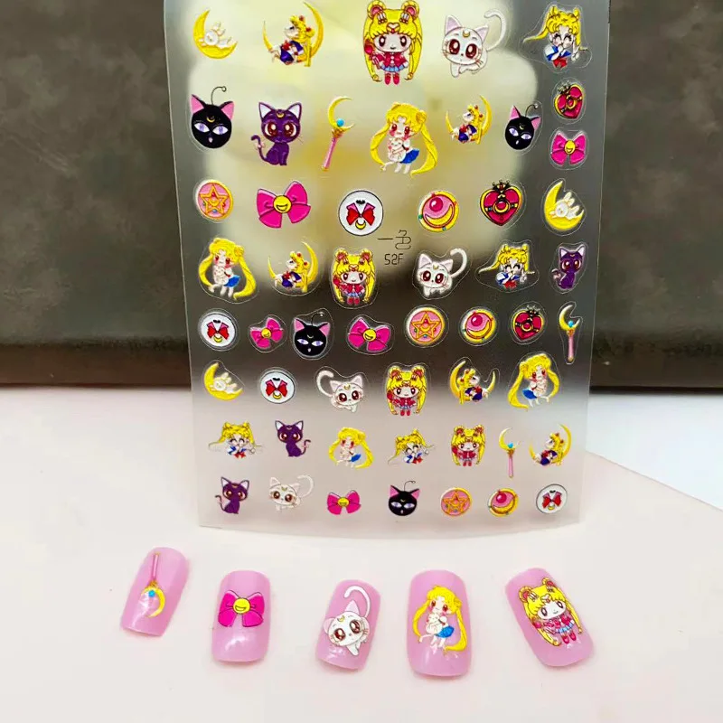 Chibi Magical Girl Pretty Moon Bowne Nail Stickers Kawaii Nail Decals Embossed Cat Funny Otaku Nail Accessories Fashionable