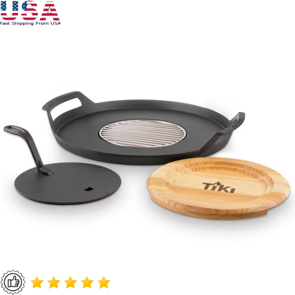 

23,21-дюймовая металлическая сковорода для костра, предварительно приправленный кухонный аксессуар, в комплект входит вставка для гриля, перчатки для подставки, совместимые с