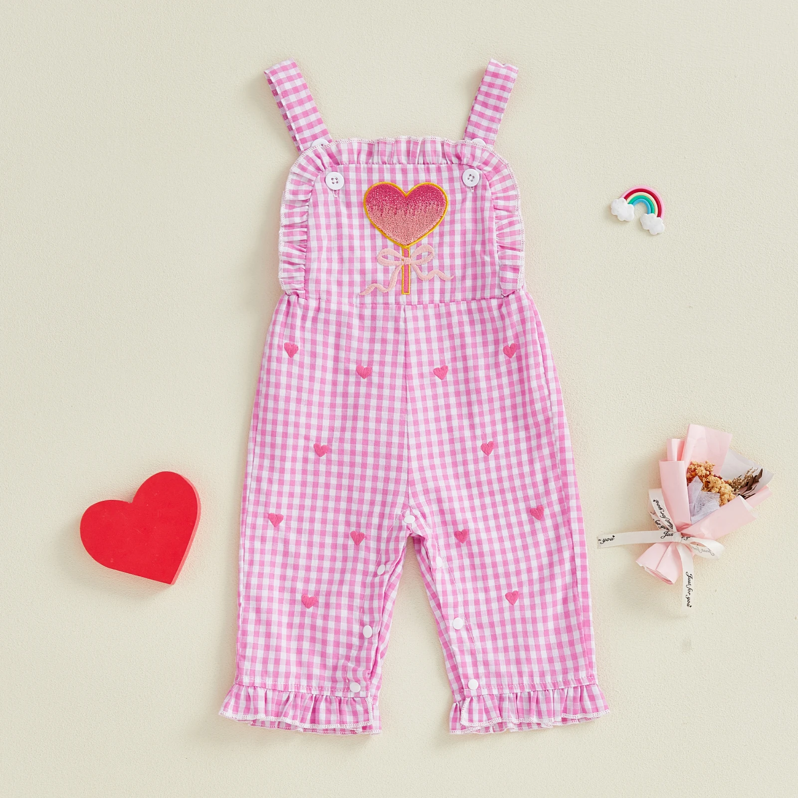 Infant Baby Girl Valentine's Jumpsuit Cute Letters Embroidery Sleeveless Ruffle Trim Decor Plaid Overalls Pants