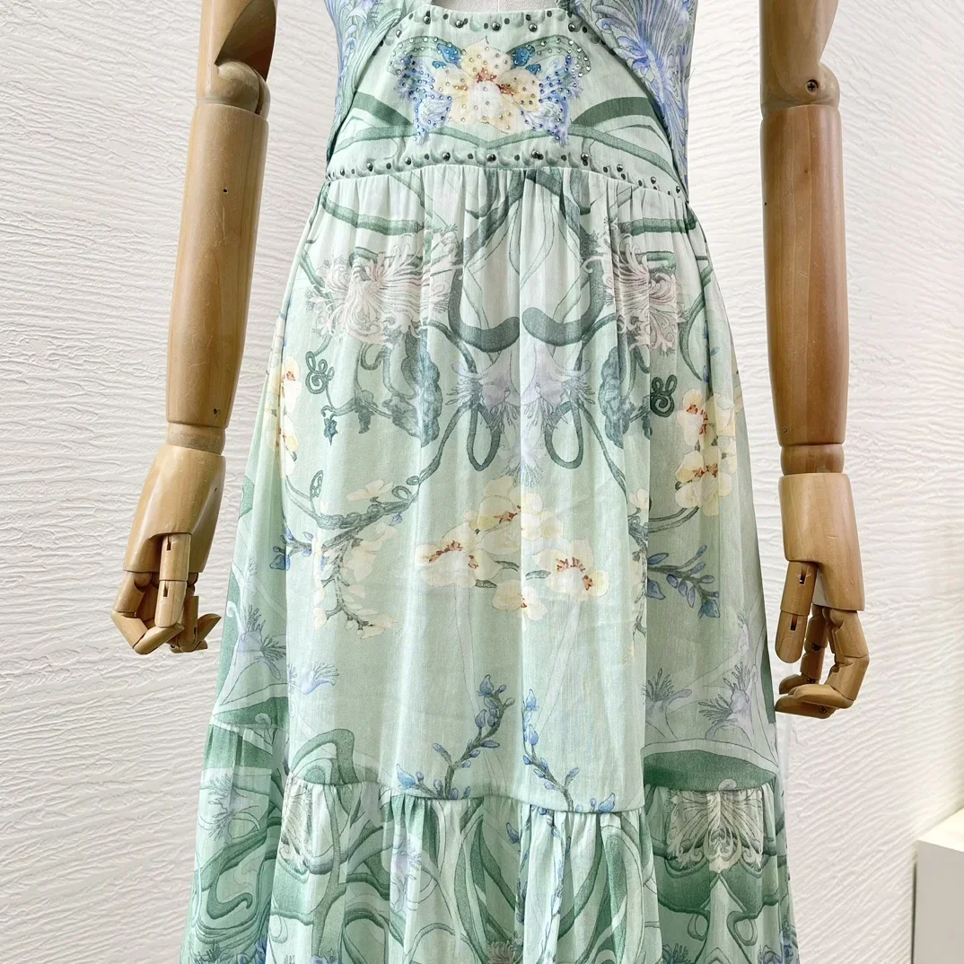 Vestido largo con estampado Floral verde menta para mujer, maxivestido con diamantes prensados sin mangas, corte de vientre, cierre de cremallera trasera Invisible, 2024