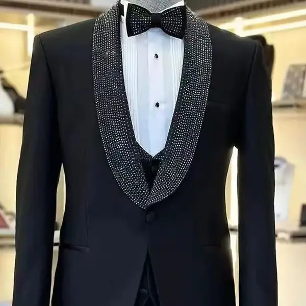 Conjunto de traje de hombre con cristales, chaqueta negra de 2 piezas + pantalón, chaqueta Formal de trabajo para oficina, abrigo de algodón para graduación, pantalones, esmoquin para novio y boda