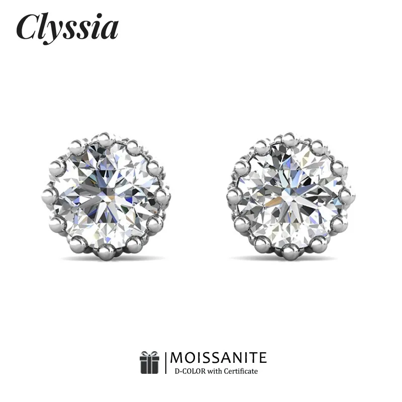 

CLYSSIA Real Sparkling Moissanite Earrings 925 Sterling Silver Solitaire Certified Jewelry Everyday Wear Bridal Party Gift Idea