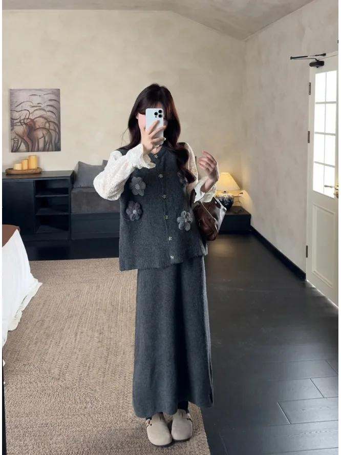 plus Size Fashionable Knitted Lace Patchwork Open Cardigan Top Mid-Length Skirt Set Autumn Winter Design Sense Commute Style ...