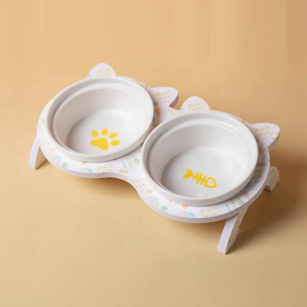 Double Bowl Ceramic Cat Bowl with Stand Non-slip Cervical Protection Raised Pet Feeder Anti-vomiting Acrylic Bowl Holder Indoor