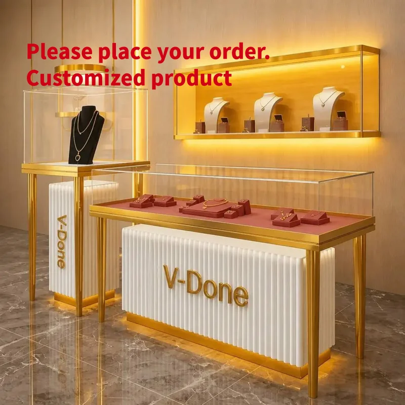 custom.High End Fluted Panel Jewellery Display Table and Tall Glass Showcase Combo Custom Retail Store Display Cabinet