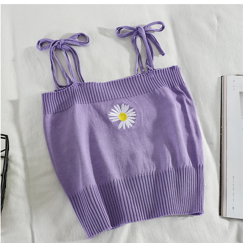 Embroidered Daisy Cami Tops Tie Strap Knit Camisole Women Teengirl Crop Tops 2024 Summer Cute Fairycore Aesthetic Outfit