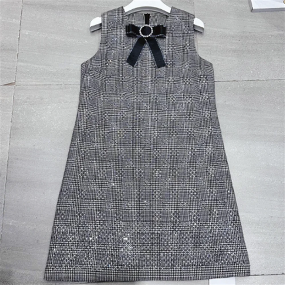 Drill delicate plaid dress sleeveless vest short dress bow