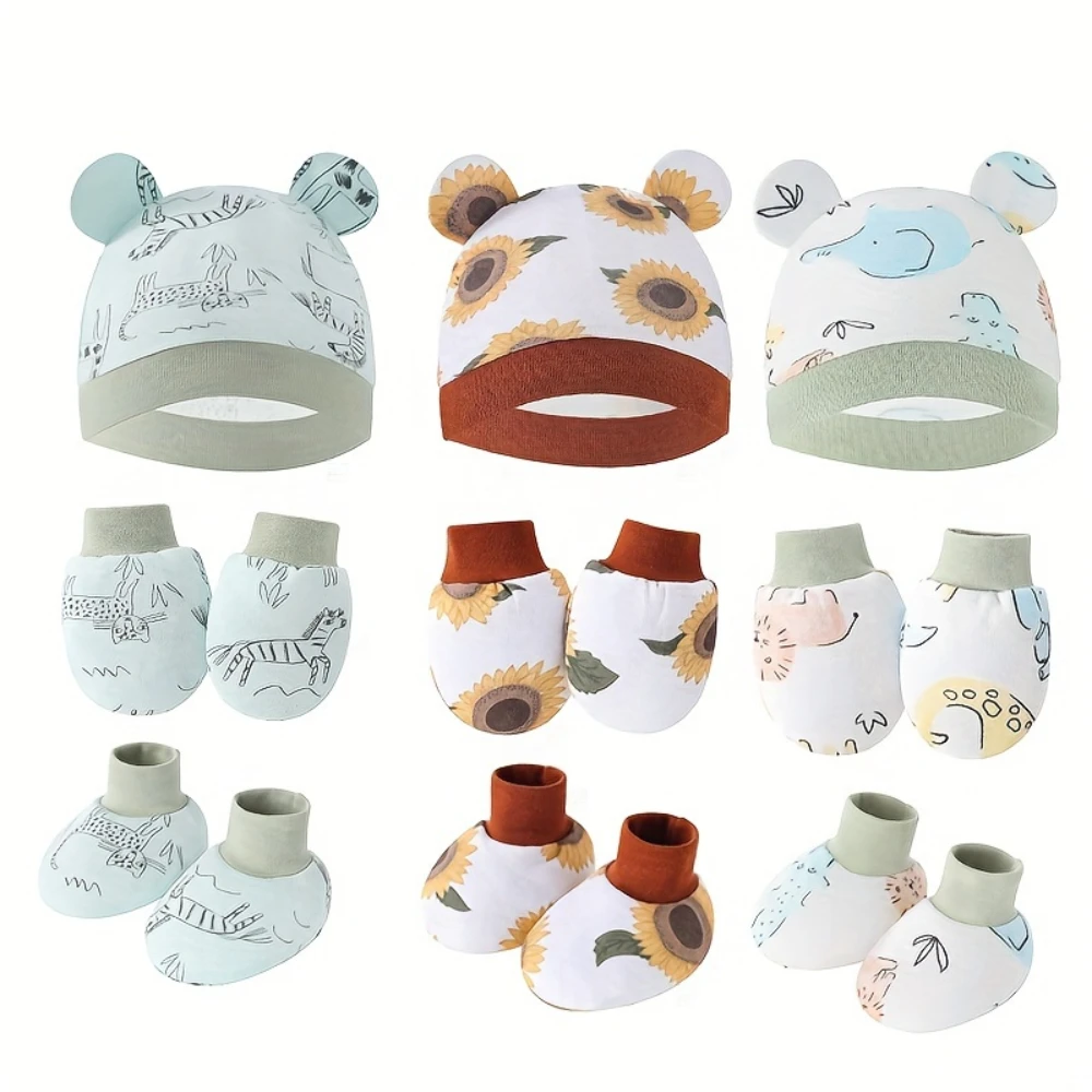 Soft Cotton Newborn Baby 3pcs Set: Cute Cartoon Beanie, Mittens & Socks - Stretchy, Lightweight for Boys & Girls Baby 0-6 Months