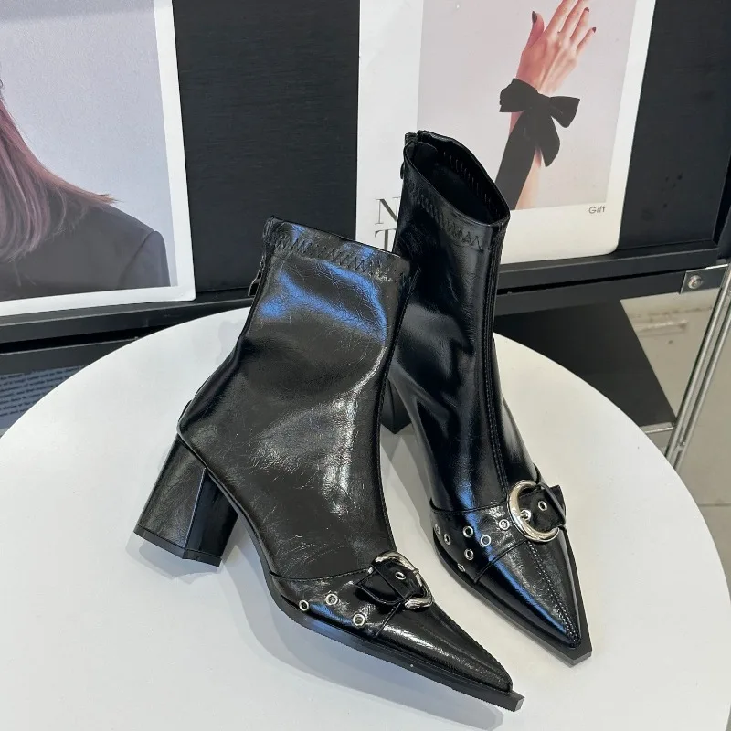 

Autumn winter pointed belt buckle thick heel short boots for women high heels back zipper soft leather slimming short boots