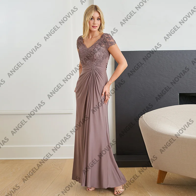 

V Neckline Cap Sleeves Sheath Mother Of Bride Dresses Chiffon Party Gowns Customized vestido para boda madre de la novia