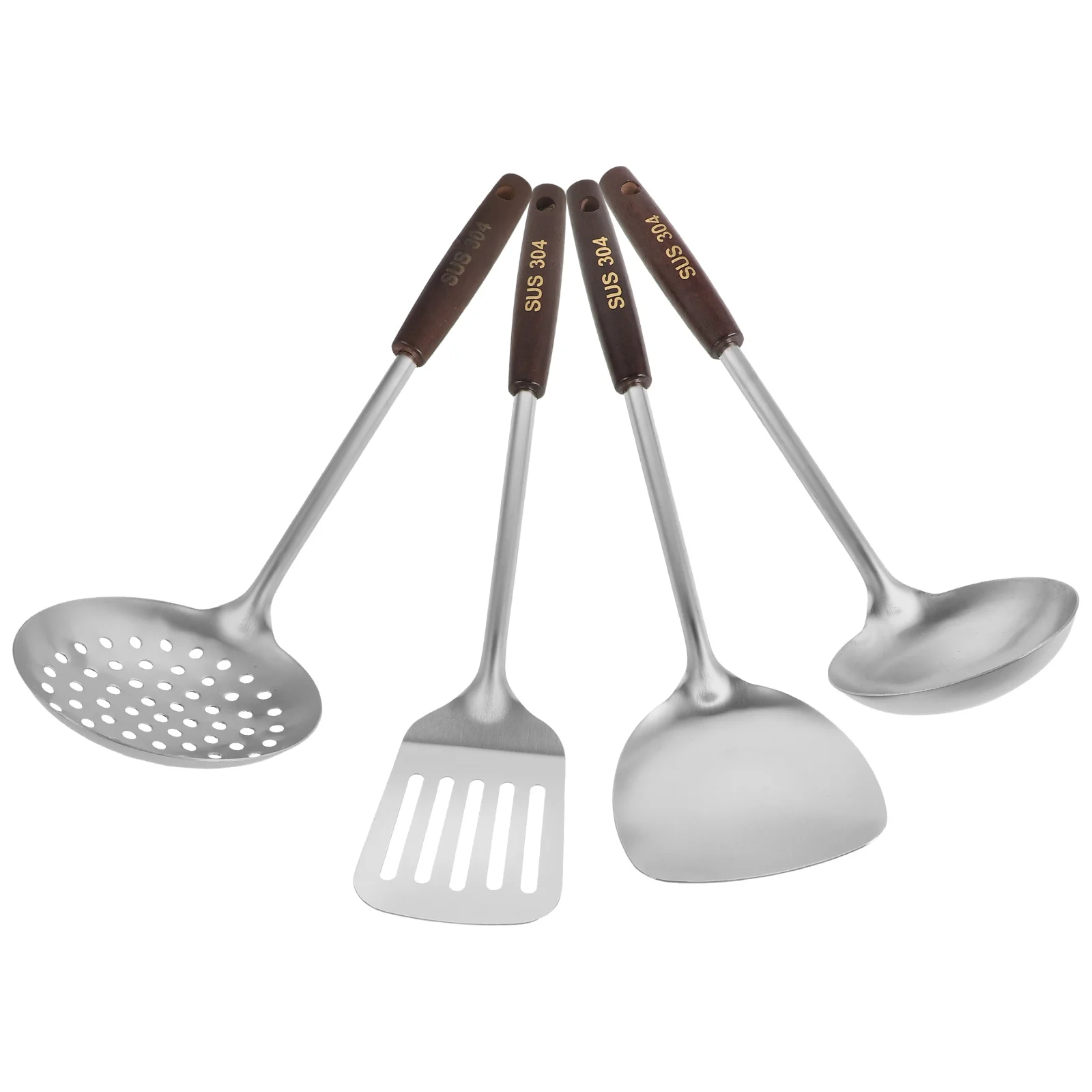 

4pcs Long-handled Cooking Spatula Set Stainless Steel Wood Handle Wok Utensils Slotted Spoon Ladle Stir Fry Tools Kitchen Bar