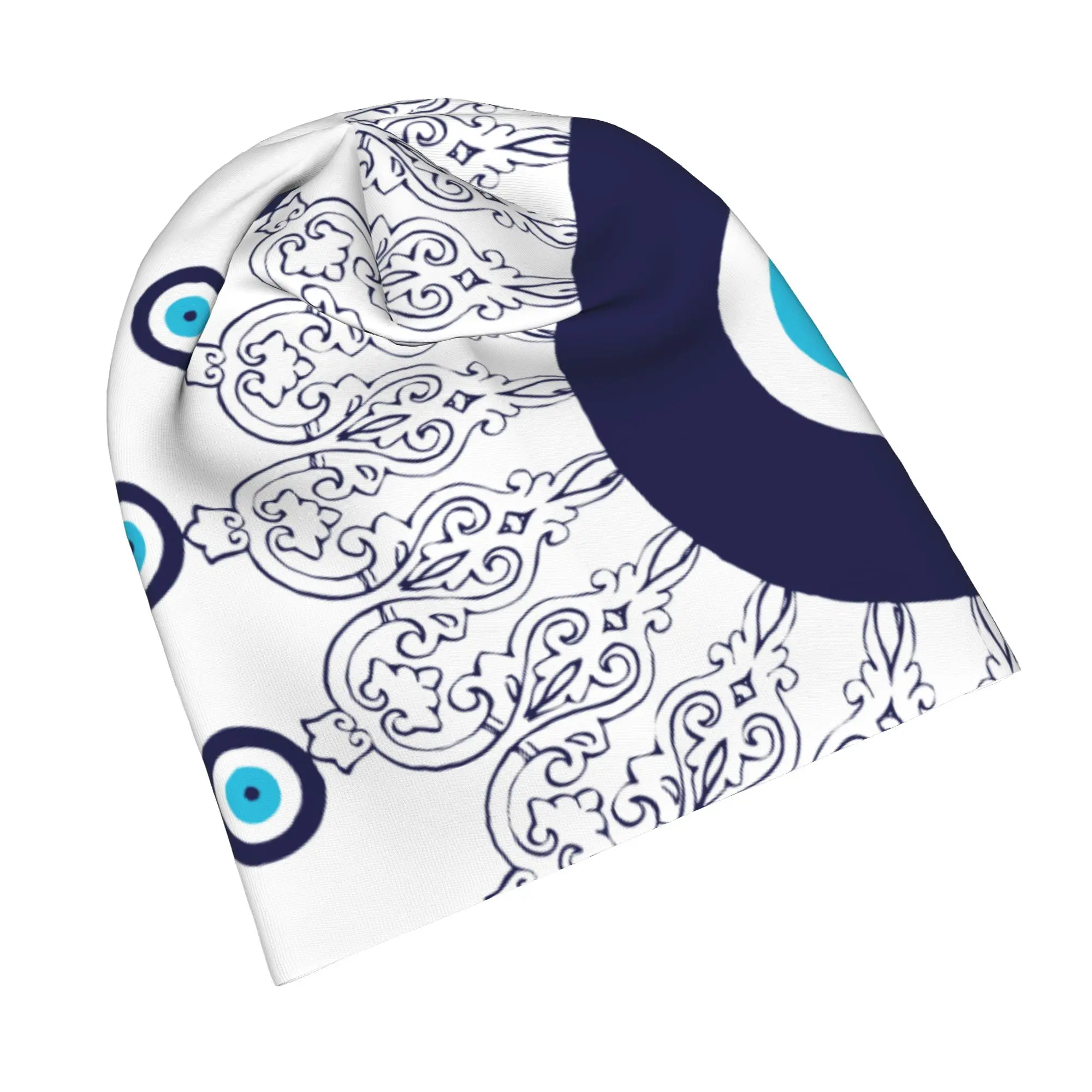 Navy Blue Evil Eye Mandala Skullies Beanies Hat Lucky Charms Boho Hippie Greek Amulet Goth Outdoor Caps Warm Dual-use Bonnet Hat
