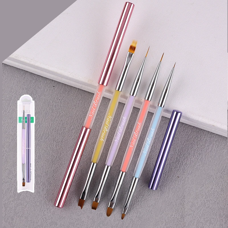 Double Head Nail Brushes Liner Flat Brush Acrylic handle Brush Set Two Way Nail Brushes Set Nail Art Brush With Cap For manicure