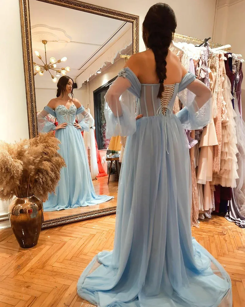 SoDigne Sky Blue ชุดราตรีลูกไม้ Appliques แขนยาว Corset ชุดราตรีปิดไหล่ชุดพรรคอย่างเป็นทางการ2022