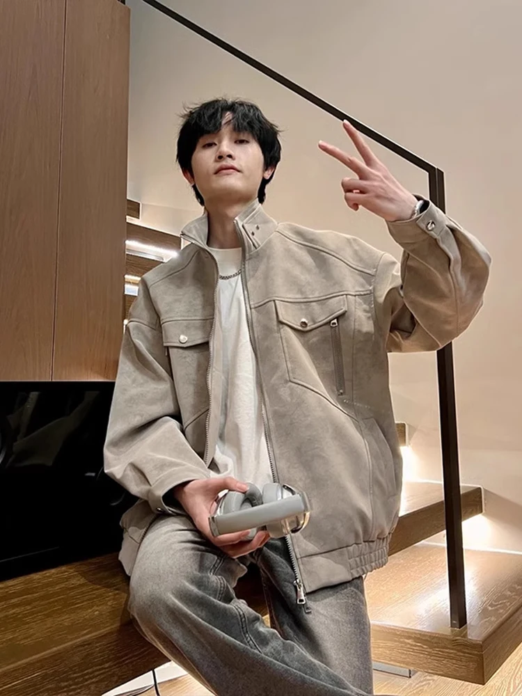 

Мужская кожаная куртка в американском ретро-стиле с воротником-стойкой, демисезонная, модная, премиум-класса, в рабочем стиле