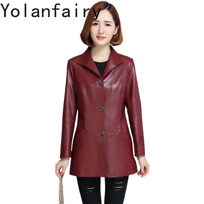 YOLANFAIRY معطف جلد الغنم الحقيقي امرأة الخريف الشتاء 2025 موضة منتصف طول سترة جلدية حقيقية المرأة Jaqueta الأنثوية #1