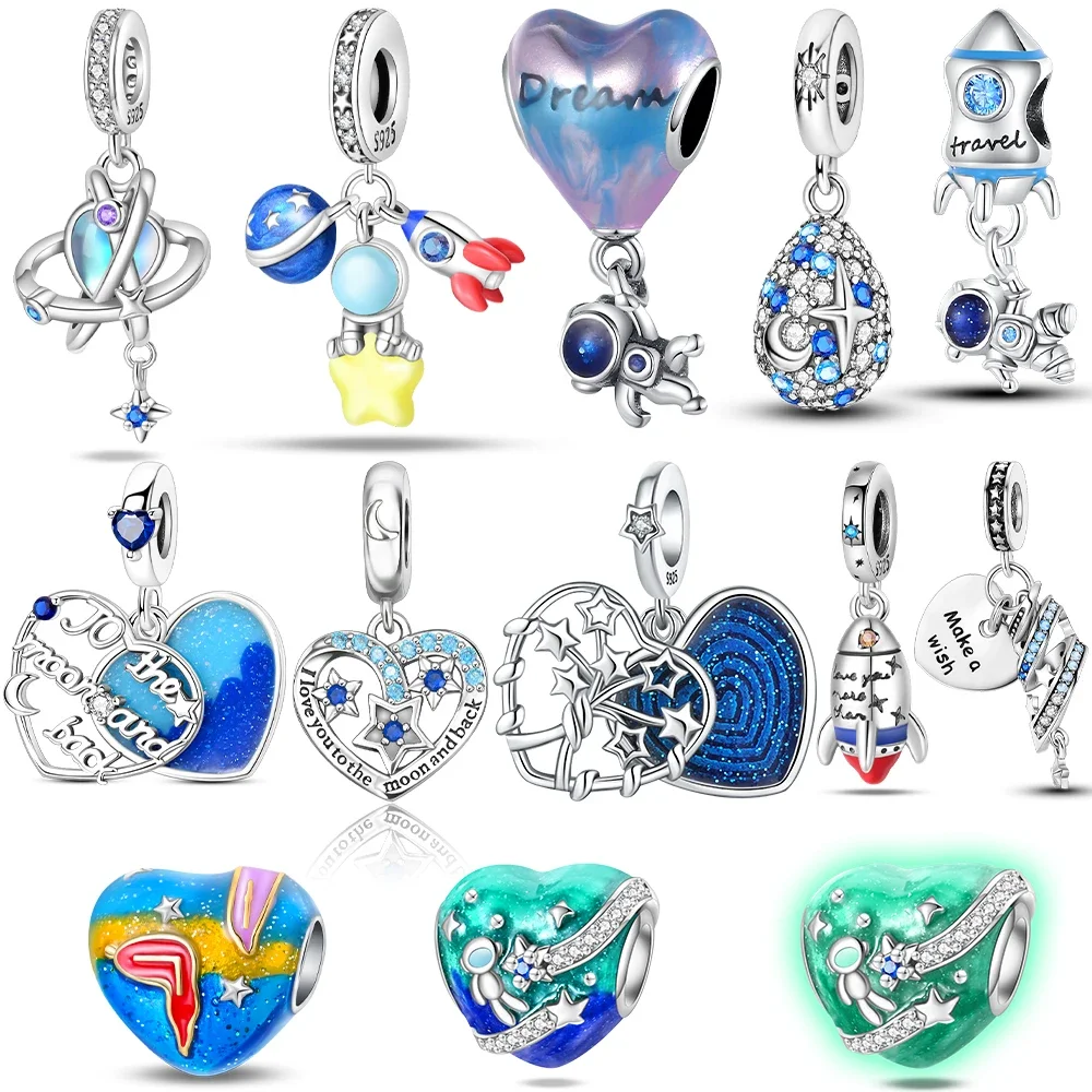 

Изысканные подвески из серебра 925 пробы, оригинальные звезды, синие светящиеся сердце, ракета, астронавт, бусины, подходят для браслета, женские ювелирные изделия, ожерелье «сделай сам», подарок