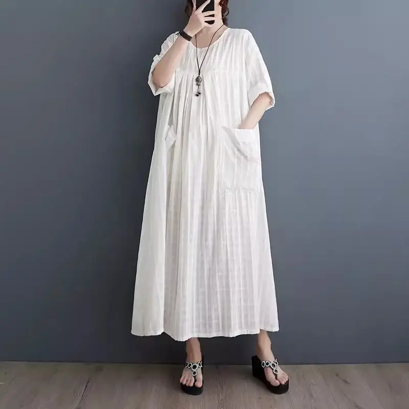 

Linen Dark Plaid Artistic Large Size Women's Clothing Loose Seven Quarter Sleeved Dress Robe 2024 Summer Casual Dresses K1944