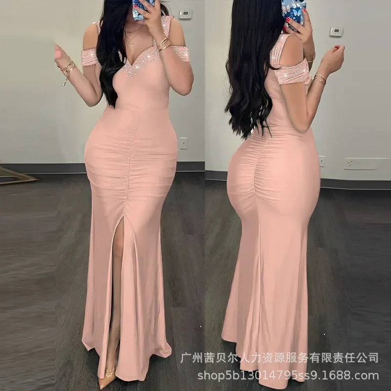 

Short Sleeve High Waist Split Pleated Dresses Wepbel V-neck Tight Sheath Dress Women Off Shoulder Slim Fits Bodycon Party Dress