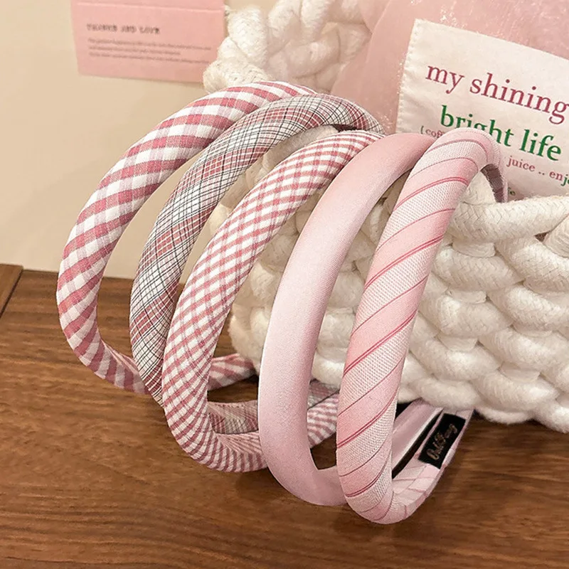 Sweet Pink Plaid Hairband Women's Fashionable Stylish High Top Knot Hair Clip Elegant Sensation Floral Print Hair Accessories
