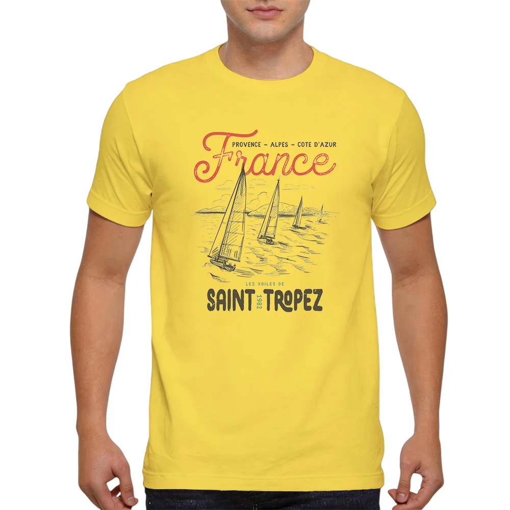 Mens 100% Cotton T Shirt Provence Cote D'azur Sketch Sailboat Vintage Nautical Print Breathable Short Sleeve Daily Wear