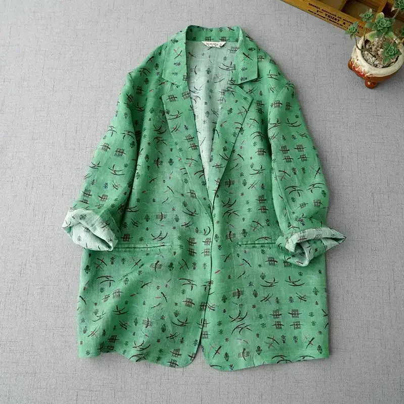 2023 New Arrival Spring Summer Loose Casual Vintage Print Blazer Women Single Button Notched Long Sleeve Cotton Linen Coat