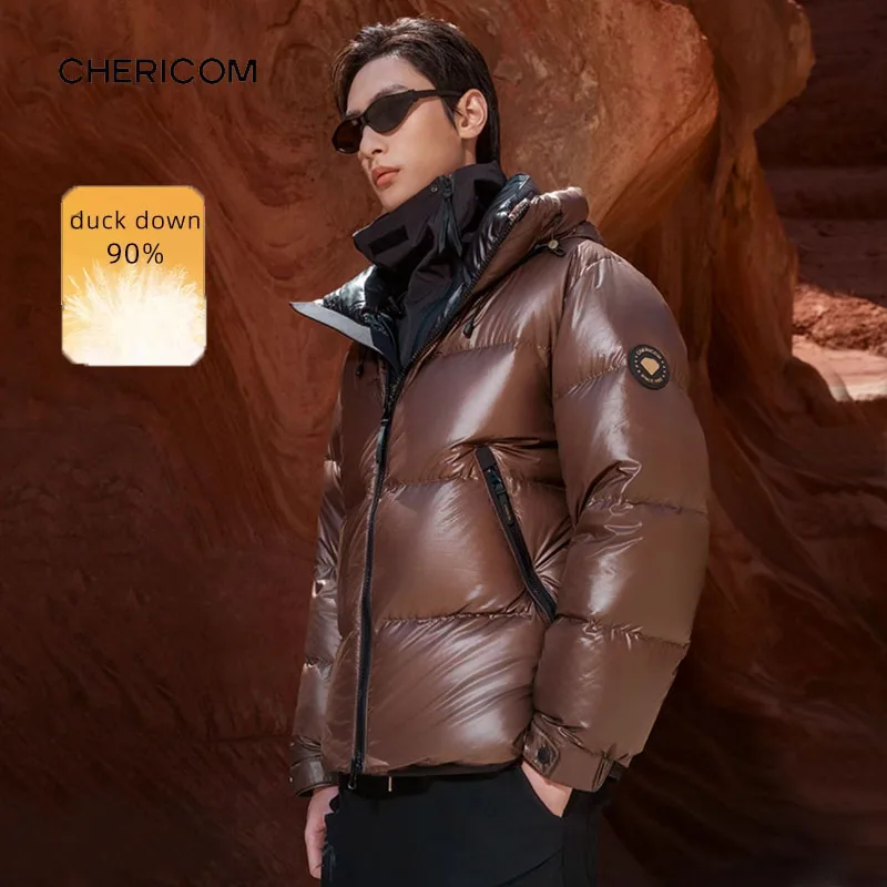 

Chericom мужской короткий пуховик с капюшоном, зимний гусиный пух, толстые теплые пуховики, стеганая куртка с карманами на молнии Y299630Y
