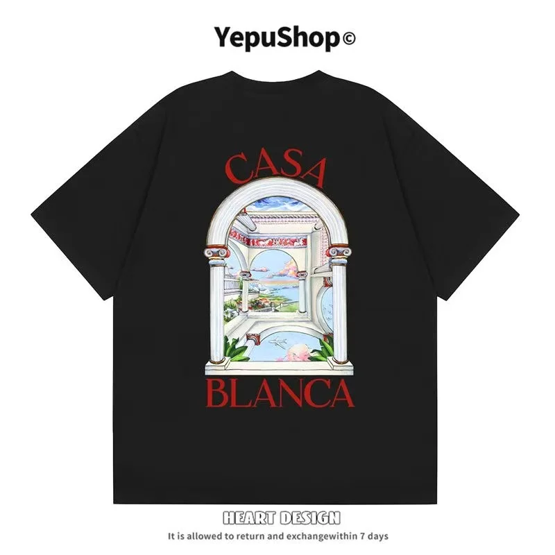 

2025 Casa Men's Casual Round Neck Short Sleeved T-shirt Summer New Style Printed Pattern Loose Men's and Women's Styles