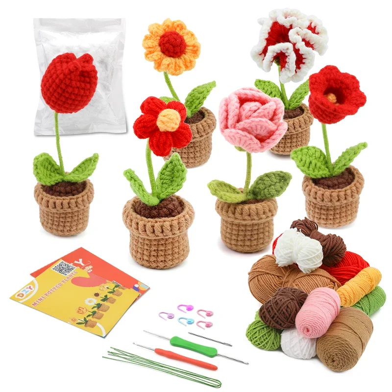 

3/6pcs Crochet Potted Flower Kit for Beginners with Video Tutorial Cotton Knitting Yarn Thread Needles Hooks Knit Tool Set