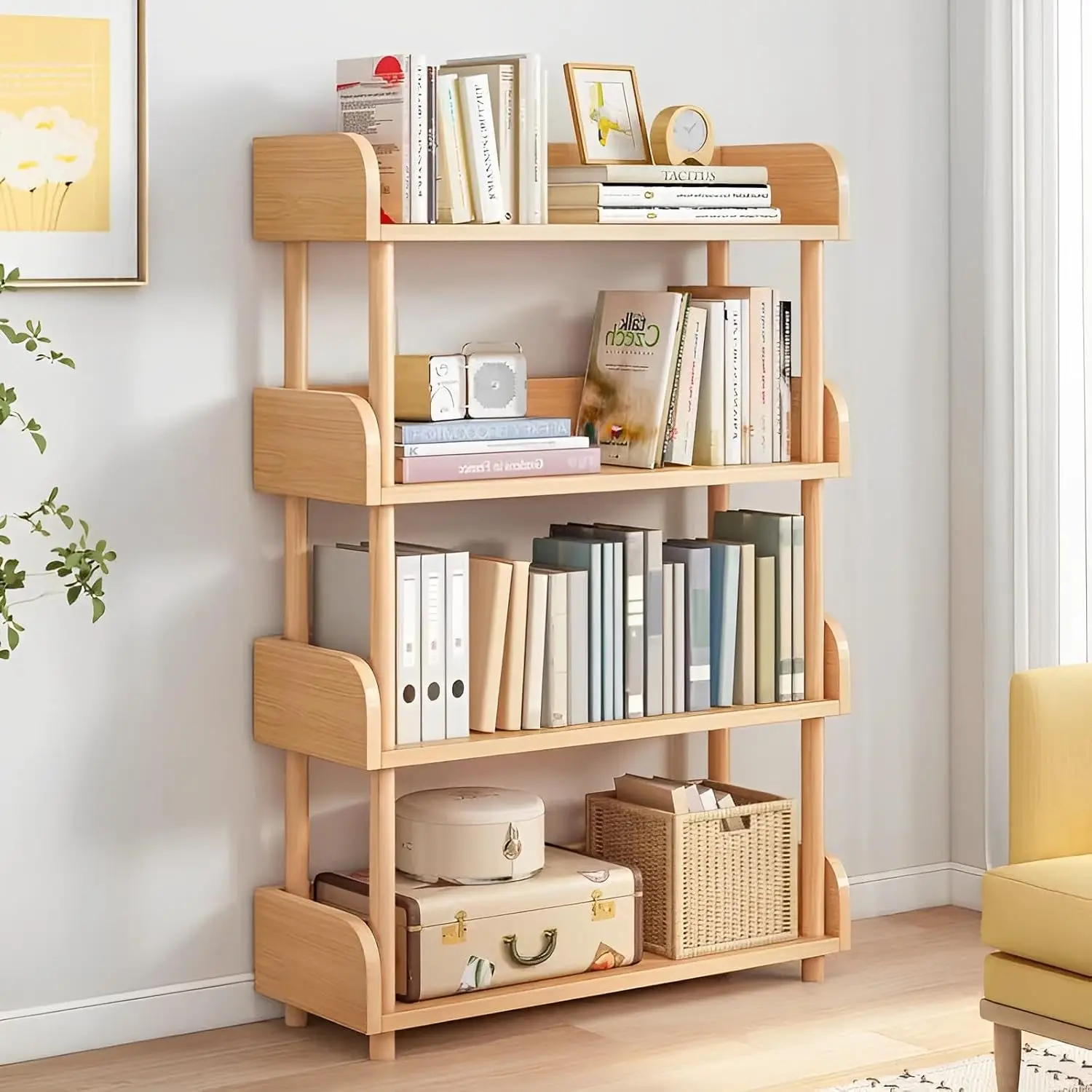 4-Tier Wooden Open Bookcase - Modern Display Bookshelf with Top Edge and Solid Wood Frame for Home and Office, Storage Cabinet,