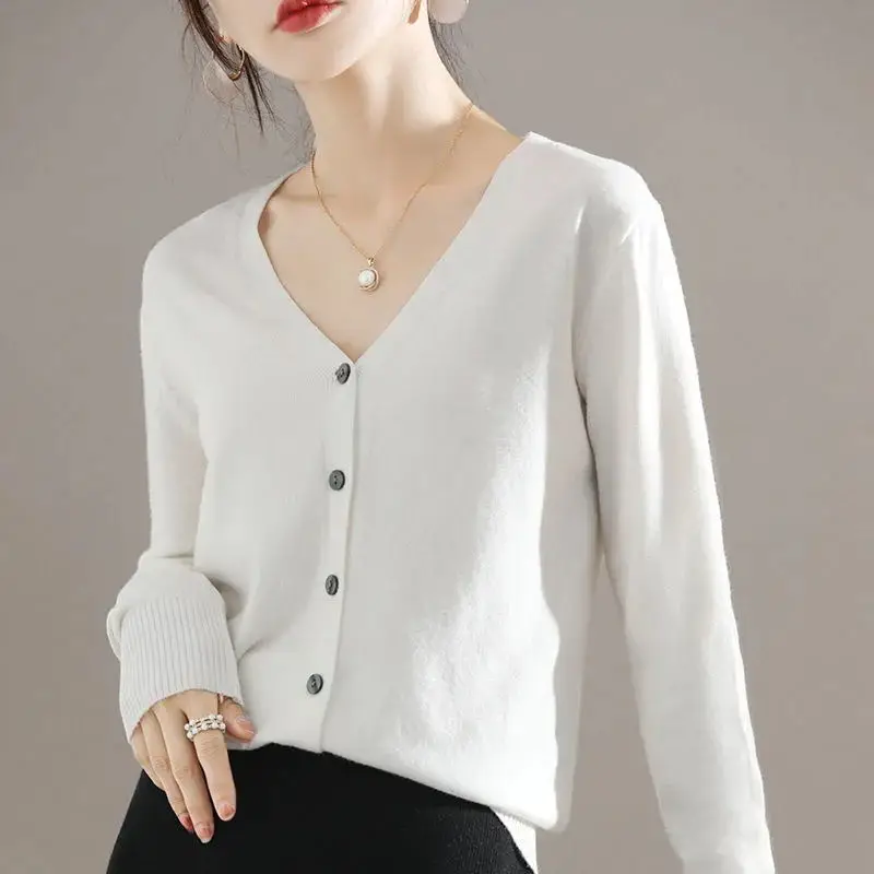 

2023 New Autumn and Winter Simple and Comfortable Lazy V-neck Solid Color Relaxed Long Sleeve Underlay Knitted Sweater Cardigan