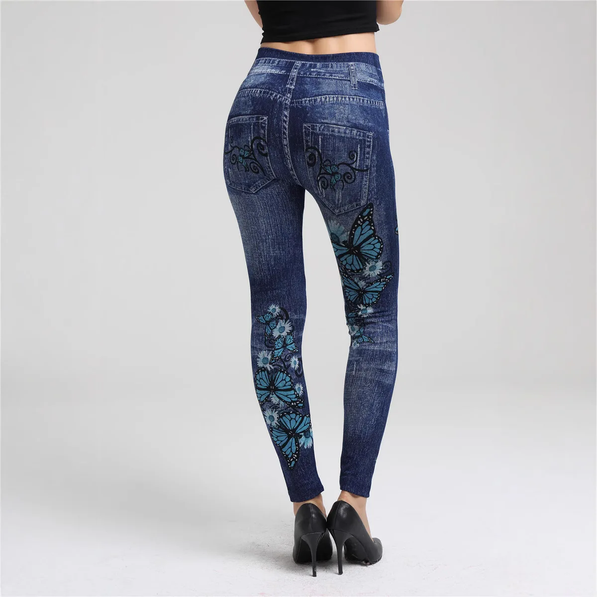 2025 new European and American integrated pants imitation denim leggings big butterfly super elastic hip-lifting leggings