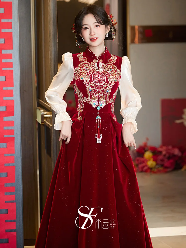 

Ele Velvet Long Sve Wedding Dr for Women New Chinese Sle Engagement Ceremony Dr Floor Length Evening Gown