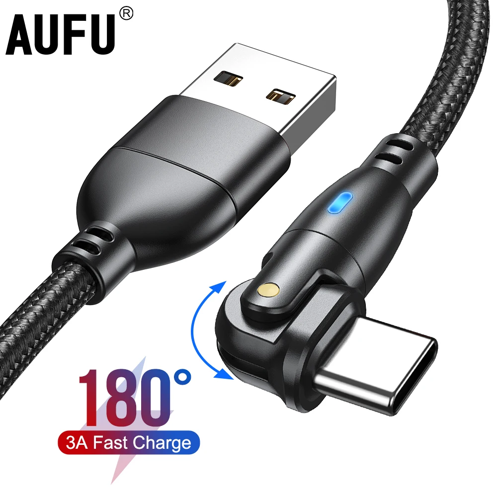 

AUFU USB Type C Cable 3A Fast Charging Wire USB-C Charger Data Cord For Samsung s21 s20 xiaomi Oneplus Poco 180 Degree Cable
