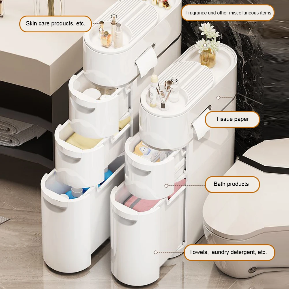 Plastic Storage Cabinet with Wheels Free Standing Floor Cabinet Large Capacity Slim Bathroom Storage Cabinet Bedroom Accessories